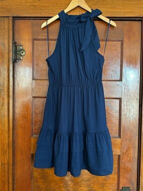 J. Crew Blue Halter Neck Tiered Mini Dress Pockets Sz 6 Cotton Party Cocktail